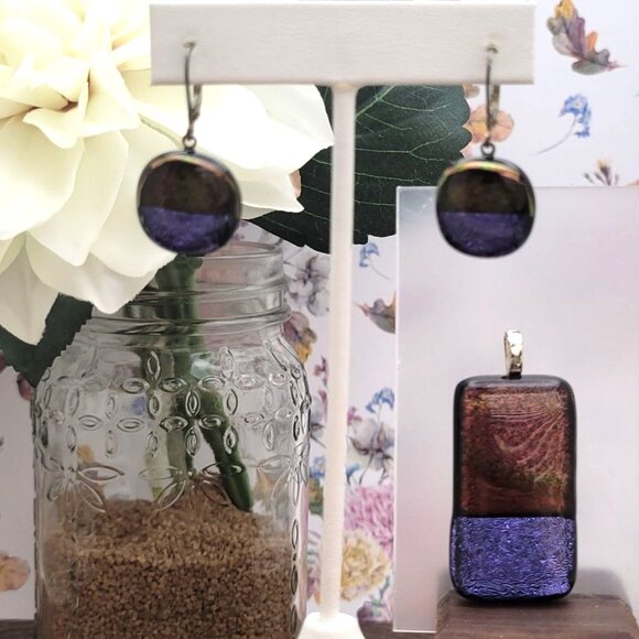 Handcrafted Dichroic Glass Pendant & Earring Set Dangle‎ Drop Artisan Sparkle - Picture 1 of 16